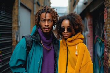 Amidst the vibrant city backdrop, a couple radiates happiness as they show off their stylish street fashion, with the woman's yellow scarf and jacket adding a pop of color to their sleek outerwear