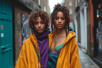 Two young women in stylish yellow outfits stand confidently together on a busy city street, their faces glowing with determination and friendship amidst the towering buildings and bustling outdoor su