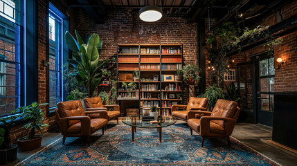 Modern Empty Podcast Studio Room. Classic Book-Lined Podcast Lounge. Vintage Leather Seating. Inviting Intellectual Discussions