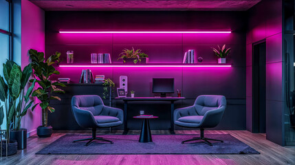 Modern Empty Podcast Studio Room. Sleek Furniture with Vibrant Pink And Purple Glow. Intimate Discussion Setting