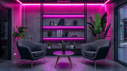 Modern Empty Podcast Studio Room. Sleek Furniture with Vibrant Pink And Purple Glow. Intimate Discussion Setting