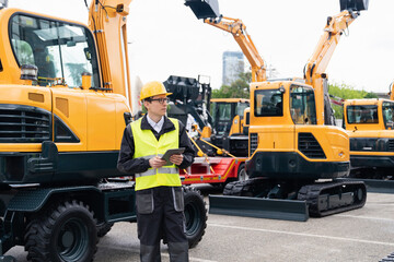 Engineer in a helmet with a digital tablet stands next to construction excavators..