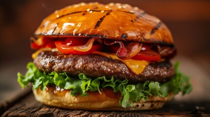 hamburger on black background - obrazy, fototapety, plakaty