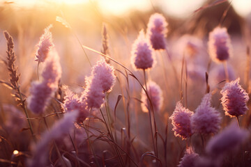 Obraz premium the fields of lavender at sunset, in the style of dark pink and light bronze, vintage aesthetics