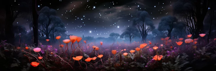 Vitrage gordijnen Toilet forest of poppies at night, in the style of color splash, light magenta and orange, photo-realistic landscapes