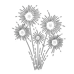 Obraz premium Fireworks sparkles and rays of fire line icon. Thin black outline silhouette of firecracker explosion, group of firework display monochrome icon, festive congratulation element vector illustration