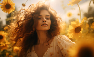 a beautiful young woman in a yellow field, in the style of luminous light effects, wavy, delicate flowers