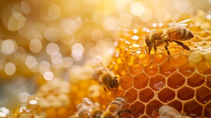 close up of bee on honeycomb - obrazy, fototapety, plakaty