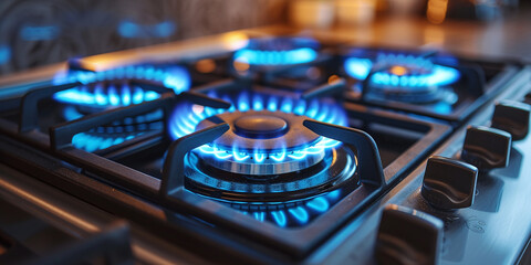 kitchen stove, blue gas burner with gas turned on, blue gas flame from a gas burner