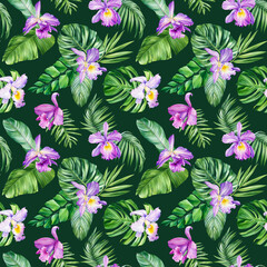 Blooming Orchid flower Seamless watercolor pattern tropical background palm leaf monstera. Jungle wallpaper Hawaiian