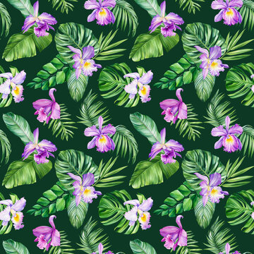 Blooming Orchid flower Seamless watercolor pattern tropical background palm leaf monstera. Jungle wallpaper Hawaiian