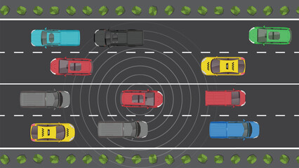 top view flat cartoon of car vehicle with autonomous sensor safety sensing