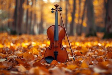 As the crisp autumn leaves swirl around, a lone violin in the tree branches plays a melancholic melody, filling the outdoor air with the haunting beauty of the violin family