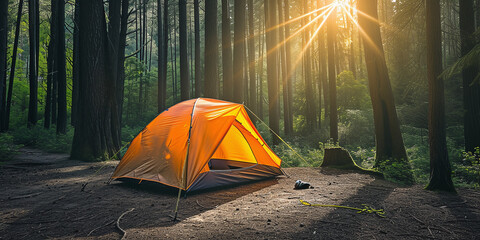 orange tourist tent in a forest camp, sun rays - obrazy, fototapety, plakaty