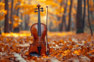 As the crisp autumn leaves cradle a beautiful violin, its melancholic melodies drift through the serene outdoor setting, embodying the essence of classical music and the soulful spirit of the violin 