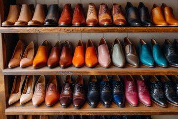 A vibrant display of footwear awaits at the shoe store, neatly organized on a shelf with a stunning collection of boots and shoes in various colors - obrazy, fototapety, plakaty