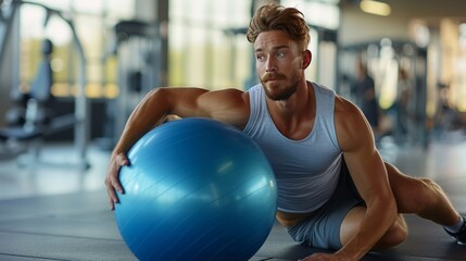Fototapeta na wymiar Focused Man Exercising with Stability Ball in Gym