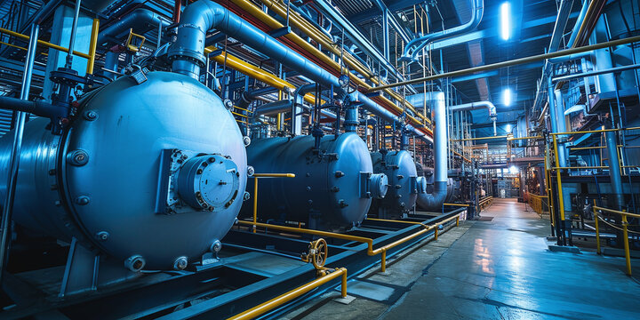 Interior of modern industrial boiler room with large metal tanks and pipes at industry factory.