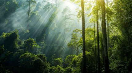 Morning in the tranquil rainforest. Sunlight through the fog holds a mystery