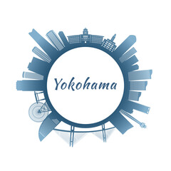 Yokohama skyline with colorful buildings. Circular style. Stock vector illustration.