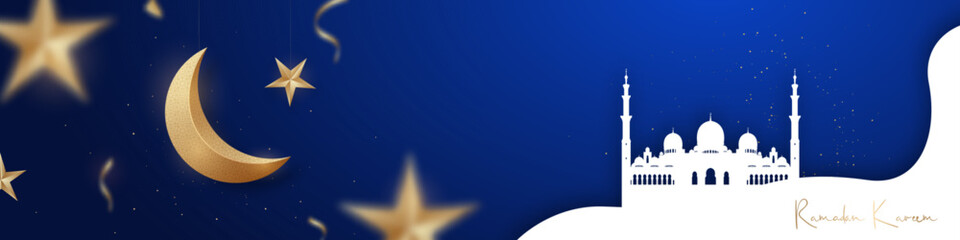 Ramadan Kareem design banner with mosque in paper art style. 3D crescent and stars hanging from above on dark blue background.