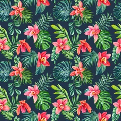Foto op Canvas Orchid flower Seamless watercolor floral pattern tropical background palm leaf monstera. Jungle wallpaper Hawaiian style © Hanna
