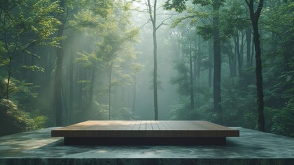 A minimalist wooden podium positioned within a serene, misty forest