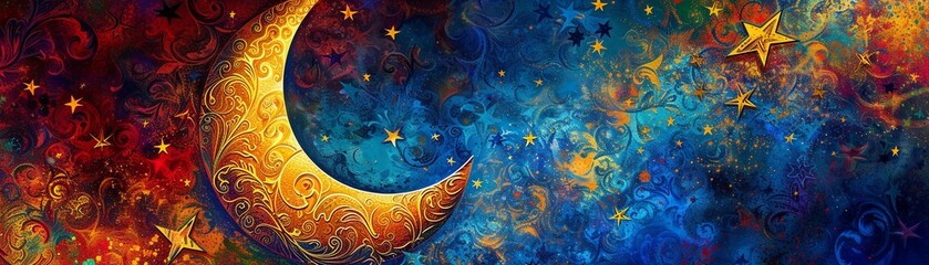An abstract representation of the crescent moon and stars, background image, generative AI - obrazy, fototapety, plakaty