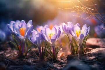 in spring, crocus grows on the ground with white dusting in background