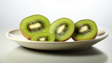 A close-up of a freshly cut kiwi in half, resting on a delicate ceramic plate.