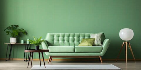 Green armchair, openwork table and sofa in living room. - obrazy, fototapety, plakaty