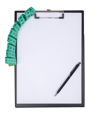 Clipboard with a white sheet of paper, pen and measuring tape