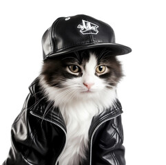 Cool cat in leather jacket and cap