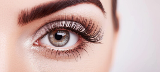 Female eyes with extremely long eyelashes and black liner makeup, Perfect shape make-up and long eyelash extensions, Cosmetics make-up of fashion eyes visage