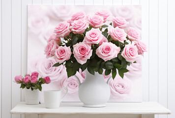 pink roses in vase on a table in white background