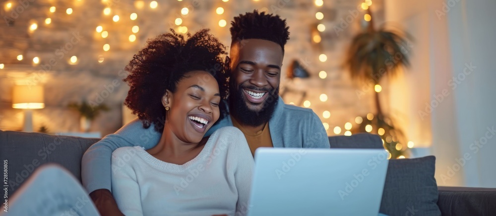 Wall mural Happy couple using laptop, shopping online, on social media and having fun, laughing on the couch in cozy apartment, empowering women.