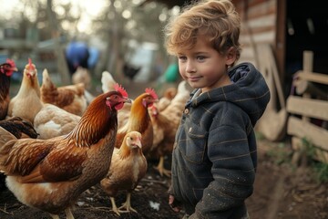 A curious toddler gazes in wonder at the gallinaceous birds, while a proud rooster stands guard over his flock of chickens on the outdoor ground - obrazy, fototapety, plakaty