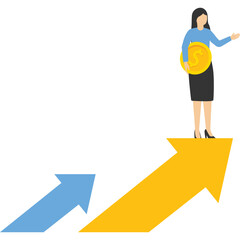 Business development and success, revenue growth, revenue or profit. Woman holding dollar coin and rising bar chart. stock illustration