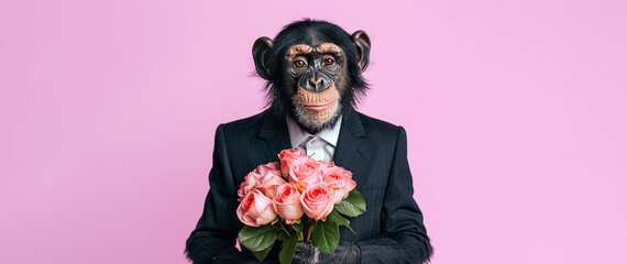 Monkey in a suit with a bouquet of flowers on a minimalistic background.