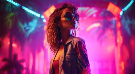 Against a backdrop of neon lights, a cyberpunk girl stands confidently in a bikini top, blending futuristic aesthetics with urban vibrancy.