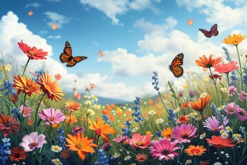 Amidst a dreamy sky, vibrant butterflies gracefully flutter above a sea of blooming flowers, evoking a sense of delicate beauty and natural wonder in the great outdoors