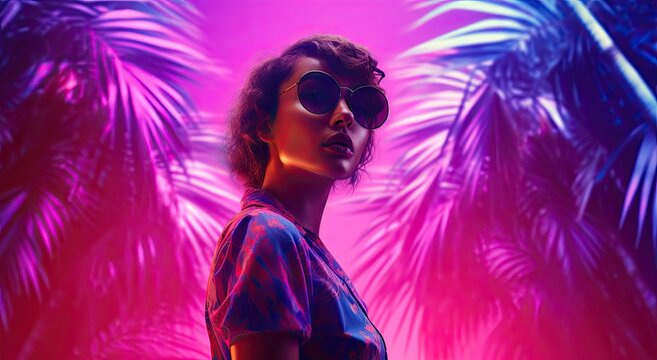 Against a backdrop of neon lights, a cyberpunk girl stands confidently in a bikini top, blending futuristic aesthetics with urban vibrancy.