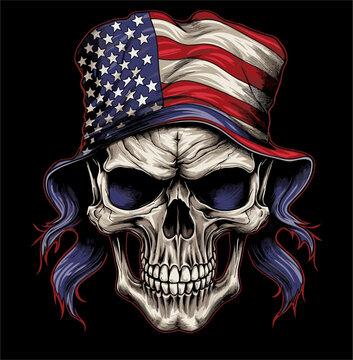 Vector drawing for a t-shirt. 
Skull with an american flag 
tied in a hat on the head on a black background. 
Fashionable print for fabric, paper, men clothing.