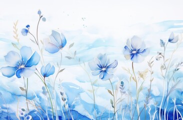 Fototapeta na wymiar Painting of Blue Flowers on White Background