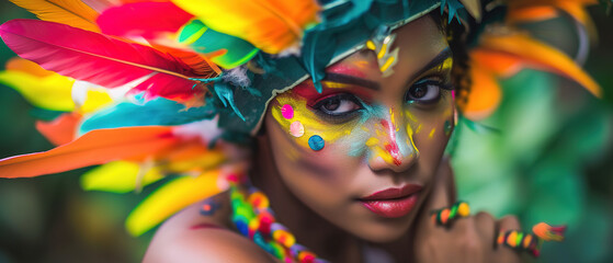 wallpaper of a Exotic brazilian young woman dressed for Carnival looking at the camera, carneval concept with empty copy space
