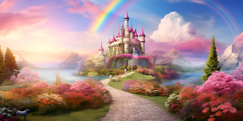 Journey Through a Fantasy Panoramic Photo Background: Discover the Pink and Yellow Rare Color World