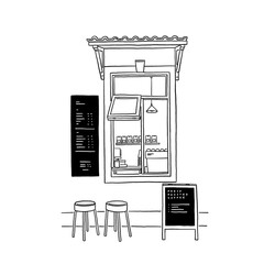 Coffee shop Cafe Window front Small business Hand drawn line art Illustration