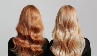 Naklejka premium Witness the dramatic change as a young blonde undergoes a hair color and cut transformation at a beauty salon, revealing her radiant new look.