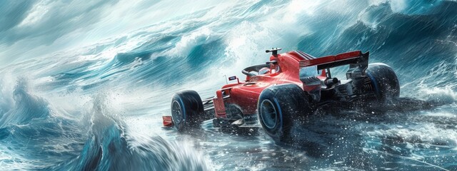 Red race car with dynamic water splashes around simulating high-speed movement. Fast racing