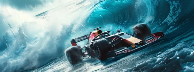 Foto op Plexiglas Red race car with dynamic water splashes around simulating high-speed movement. Fast racing © master1305